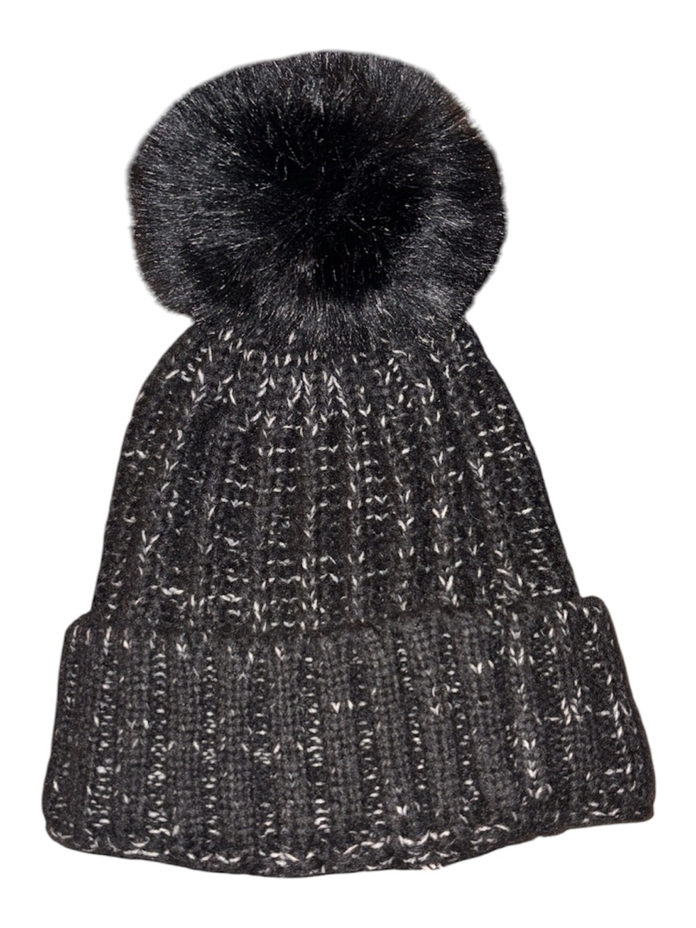 Kyi Kyi Hat Chunky Ribbed Beanie Winter Cap Faux Fur Pompom Pom Pom Fold Cuff